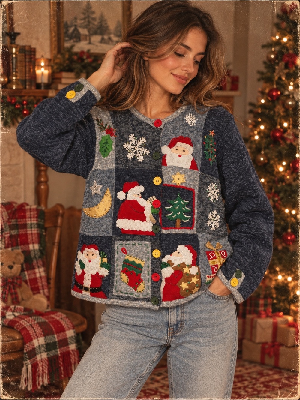 Vintage Tiara International Christmas Sweater Medium Santa Applique Cardigan